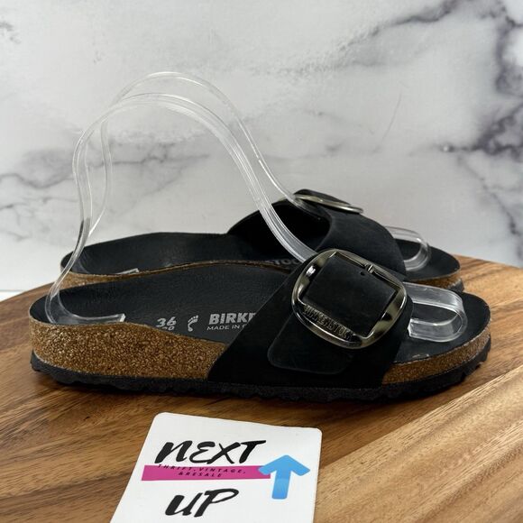 Women’s EU 36 US sz 5-Birkenstock Sandals Black Madrid Big Buckle Slide Leather - Picture 3 of 9